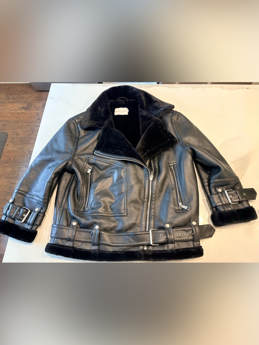 Rebecca Minkoff Black Faux Leather/Shearling Fur Oversized Jacket Sz XL